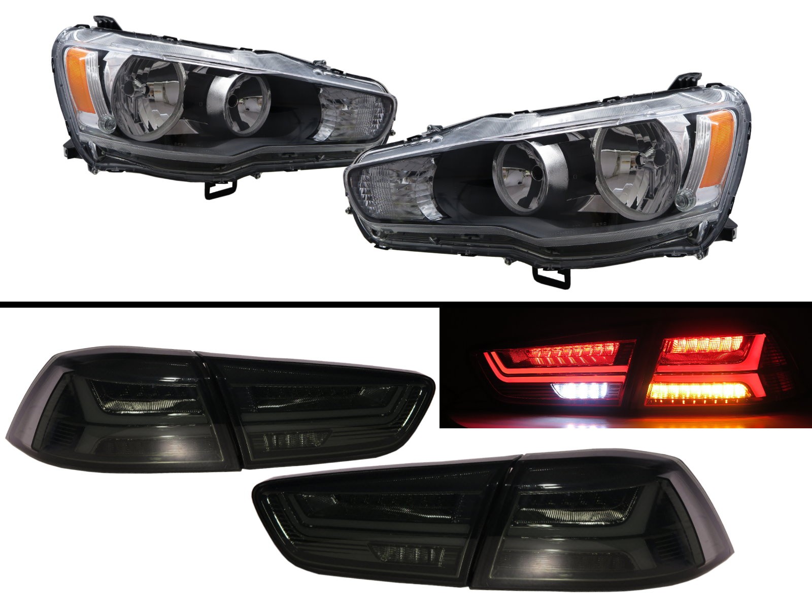 CrazyTheGod LANCER Lancer CY2A 2008-2016 Sedan/Hatchback 4D/5D Clear Headlight Headlamp Black + A6Look LED Tail Rear Light Smoke V2 for Mitsubishi LHD