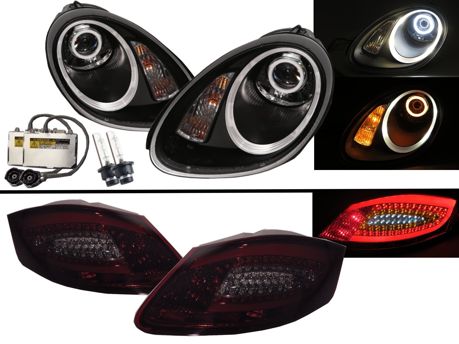 CrazyTheGod Cayman 987 MK2 05-08 PRE-FACELIFT Coupe Cotton Angel-Eye HID Headlight Assembly + LED Tail Lights V1 for PORSCHE LHD
