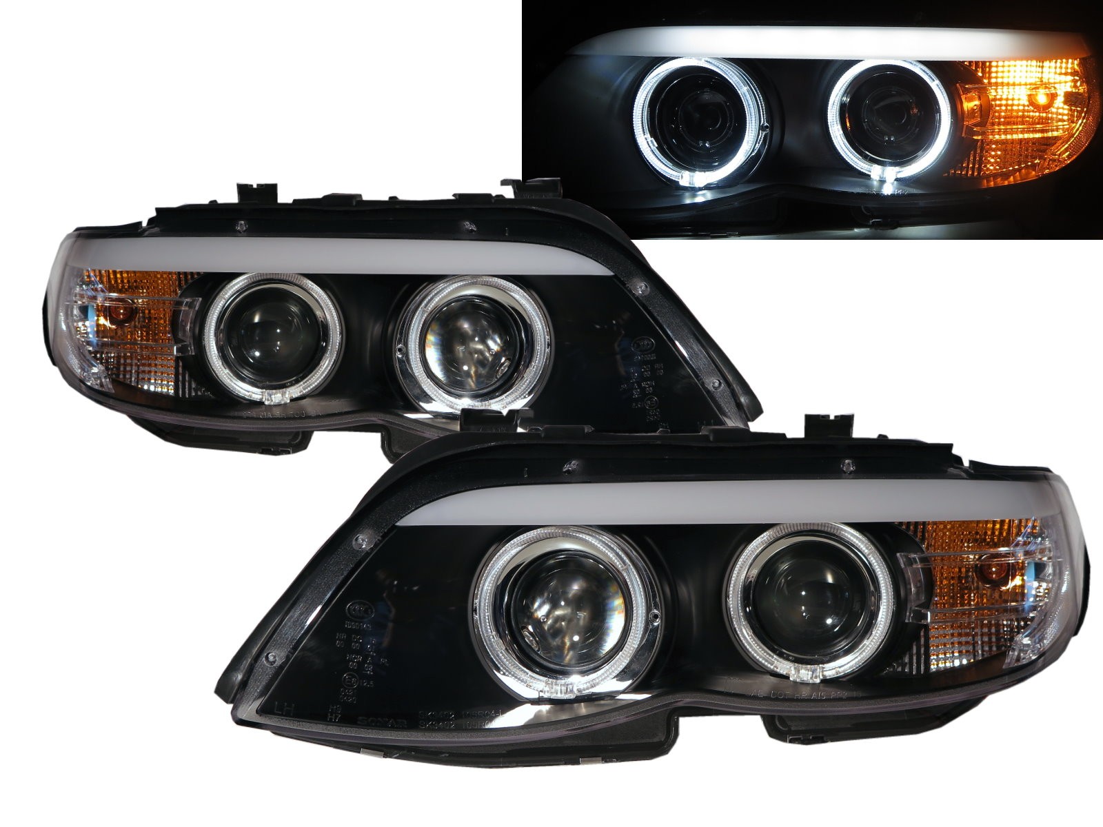 CrazyTheGod X5 E53 First generation 2004-2006 Facelift SUV 5D Guide LED Angel-Eye Projector Headlight Headlamp Black for BMW RHD