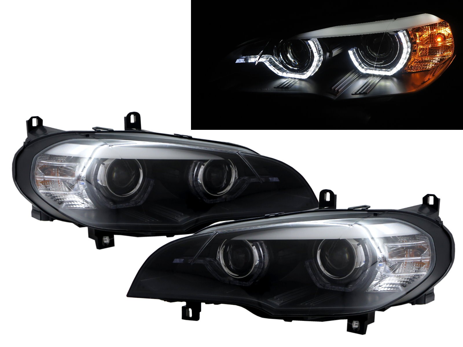 CrazyTheGod X5 E70 Second generation 2007-2010 Pre-Facelift SUV LED DRL U-Bar Projector HID Headlight Headlamp W/ Motor Black for BMW LHD