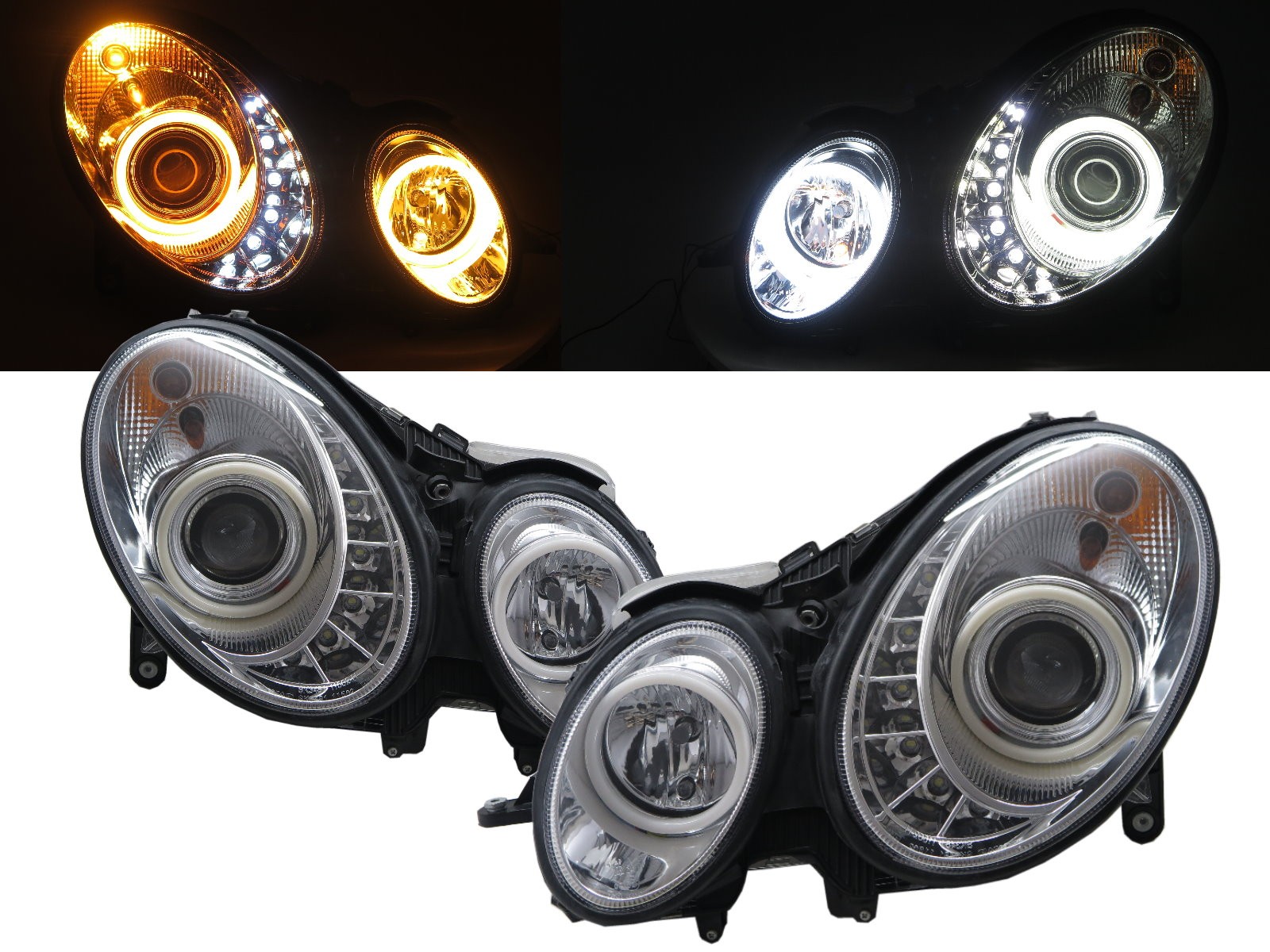 CrazyTheGod E-CLASS W211 2002-2006 PRE-FACELIFT Sedan/Wagon 4D/5D Cotton Halo LED Bar Headlight Headlamp Chrome for Mercedes-Benz RHD