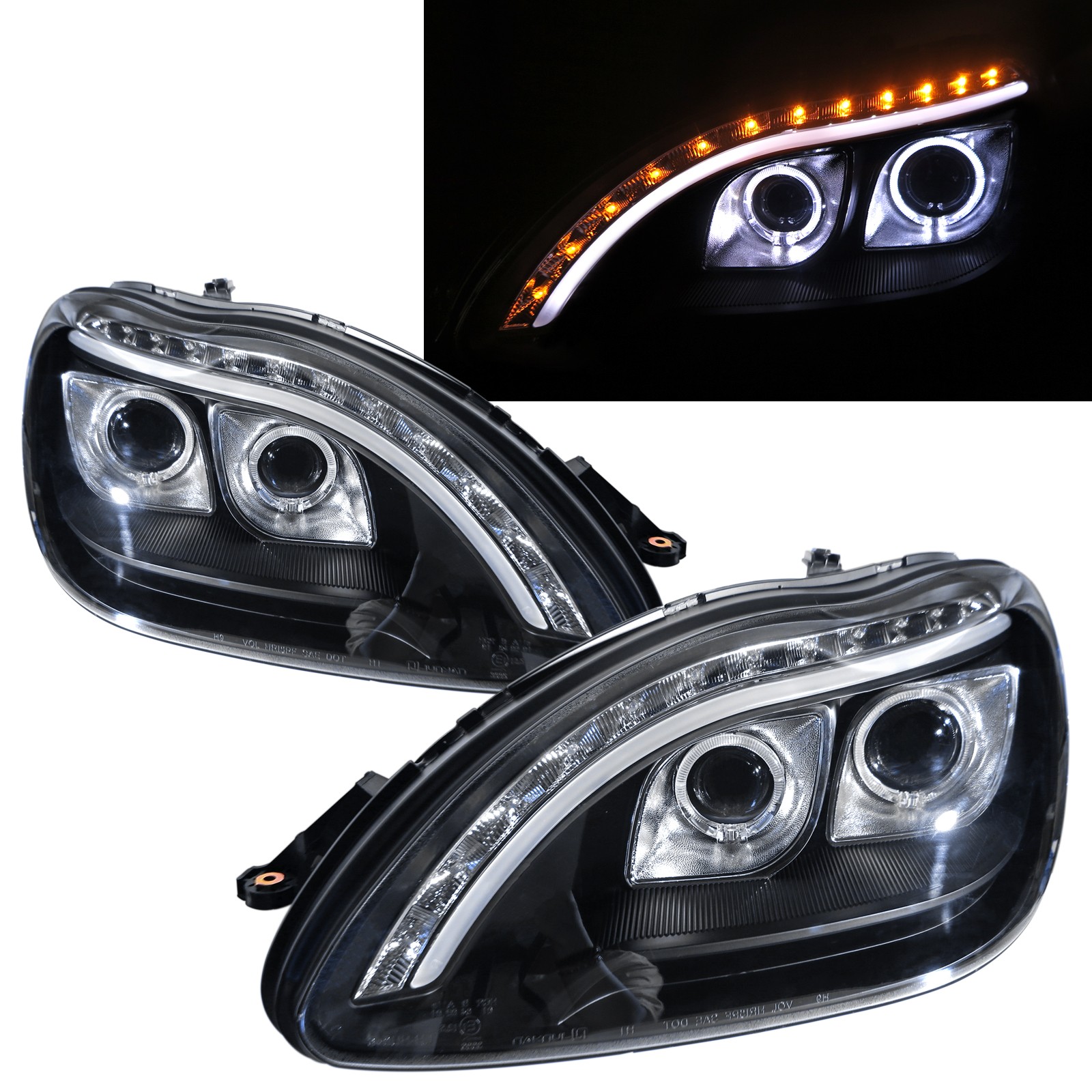 CrazyTheGod W220 1998-2005 Projector Headlight Headlamp R8Look Guide LED Angle-Eye BLACK for Mercedes-Benz RHD