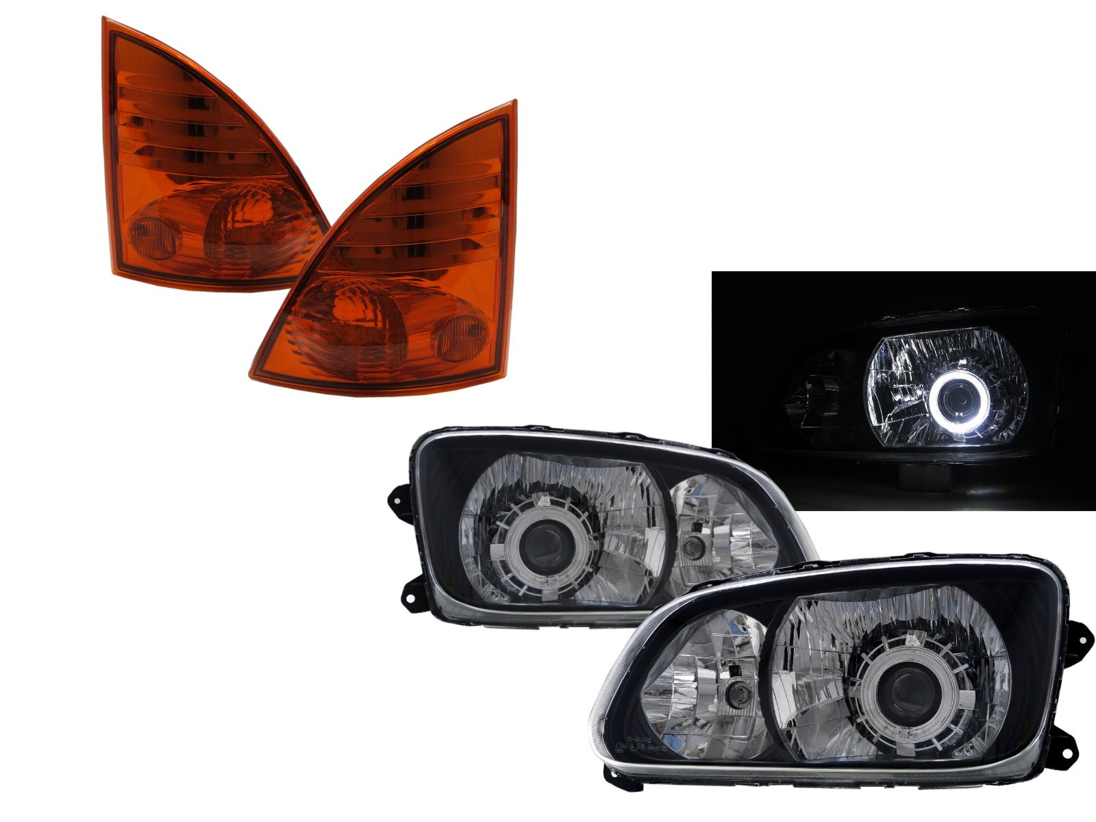 CrazyTheGod 500 2008-Present Truck 2D Guide LED Angel-Eye Projector W/ Corner Lamp Headlight Headlamp W/ Motor Black V2 for HINO RHD
