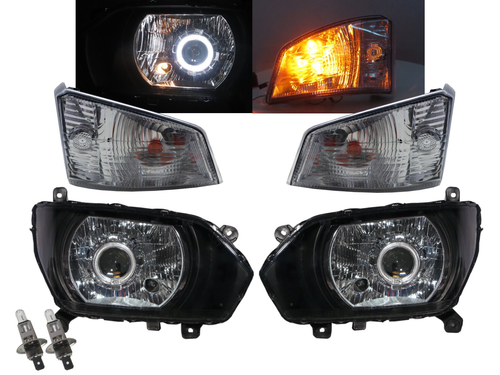 CrazyTheGod 500 Fifth generation 2015-Present Truck 2D Guide LED Angel-Eye Projector W/ Corner Lamp Headlight Headlamp W/ Motor Black for HINO LHD