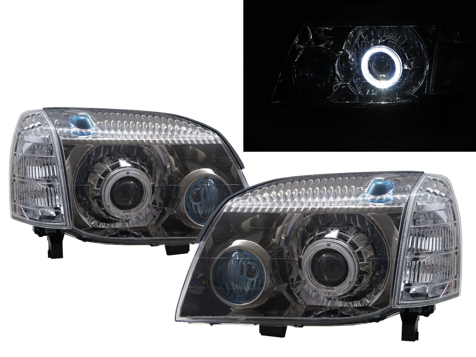 CrazyTheGod X-Trail T30 First generation 2001-2007 SUV 5D Guide LED Angel-Eye Projector W/ Corner Lamp Headlight Headlamp Smoke V2 for NISSAN LHD