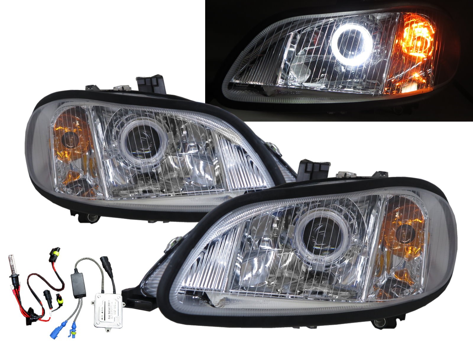 CrazyTheGod M2 2002-Present Truck 2D Guide LED Angel-Eye Projector HID Headlight Headlamp Chrome for Freightliner RHD