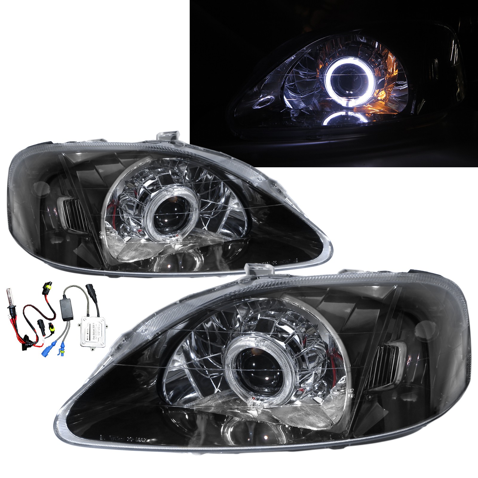 CrazyTheGod Civic EJ/EK/EM Sixth generation 1999-2000 FACELIFT Sedan/Hatchback/Coupe 2D/3D/4D/5D Guide LED Angle-Eye Projector Headlight Headlamp Smoke US for HONDA RHD