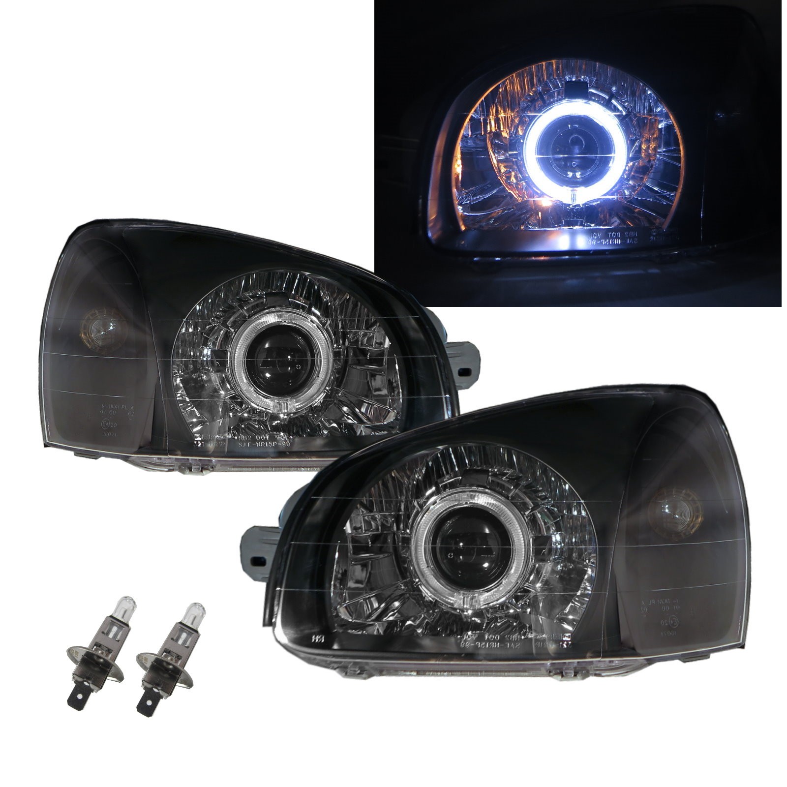 CrazyTheGod Santa FE SM First generation 2000-2006 Wagon 5D Guide LED Angel-Eye Projector Headlight Headlamp Black V2 for HYUNDAI LHD