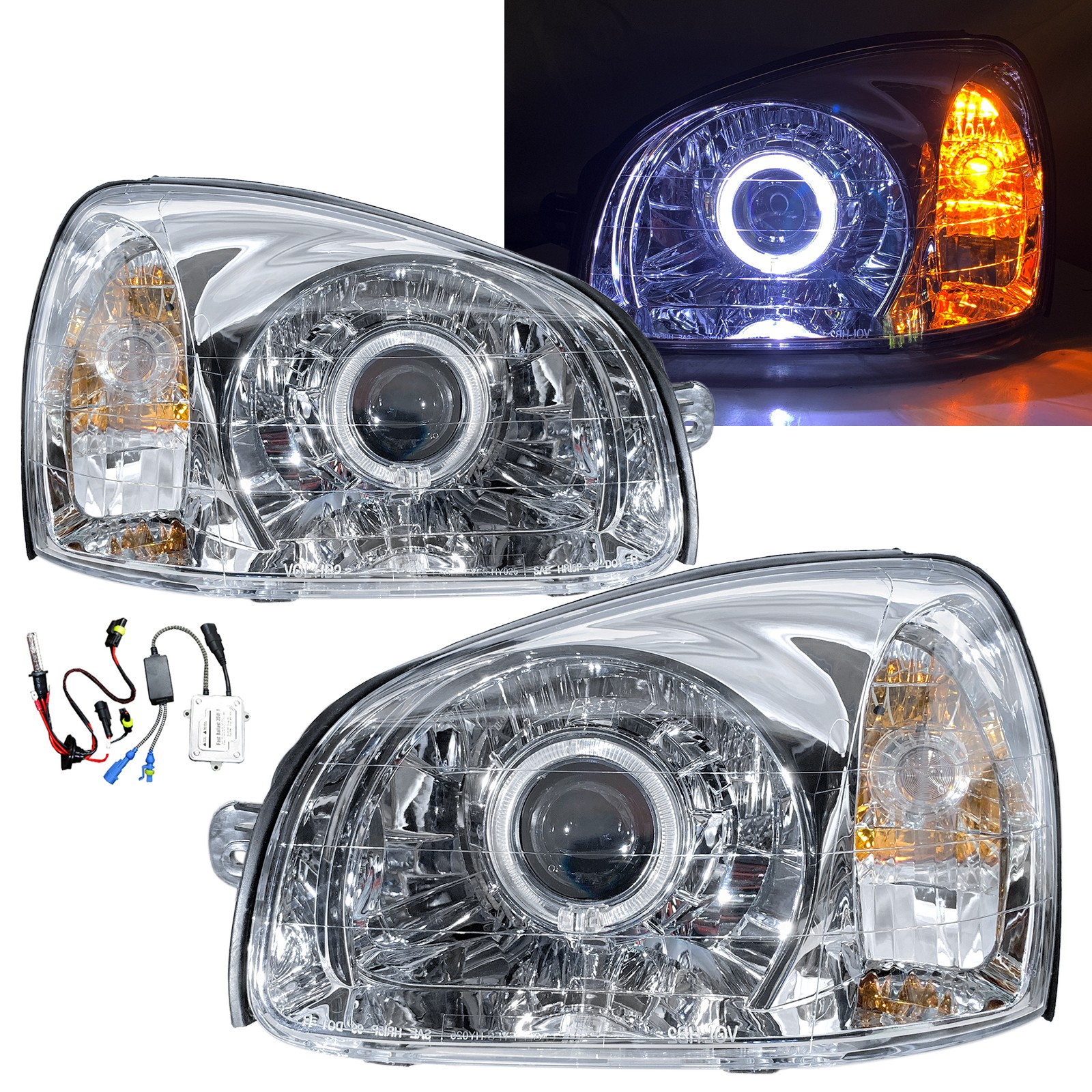 CrazyTheGod Santa FE SM First generation 2003-2006 FACELIFT Wagon 5D Guide LED Angel-eye Projector Headlight Headlamp Chrome US for HYUNDAI LHD