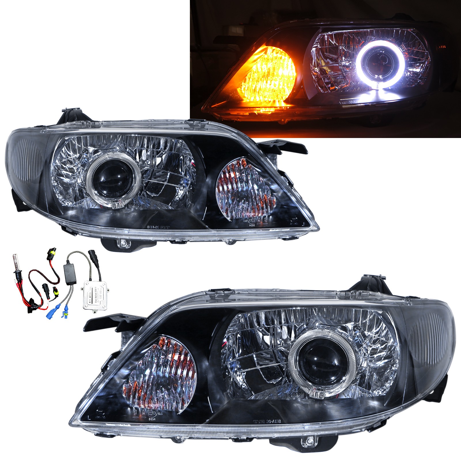CrazyTheGod Allegro BJ Ninth generation 2001-2003 Facelift Sedan/Hatchback/Wagon 4D/5D Guide LED Angel-Eye Projector HID Headlight Headlamp Black V2 for MAZDA RHD