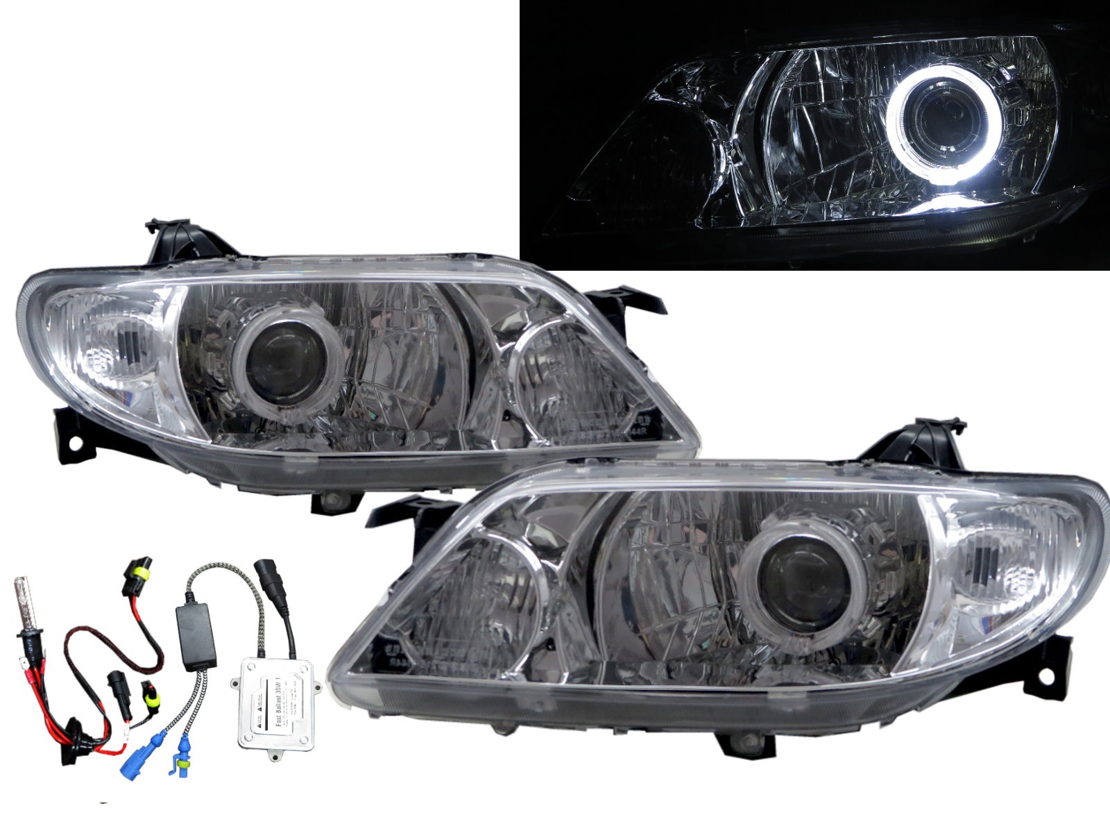 CrazyTheGod Isamu Genki BJ Eighth generation 2001-2003 Facelift Sedan/Hatchback/Wagon 4D/5D Guide LED Angel-Eye Projector HID Headlight Headlamp Chrome for MAZDA LHD