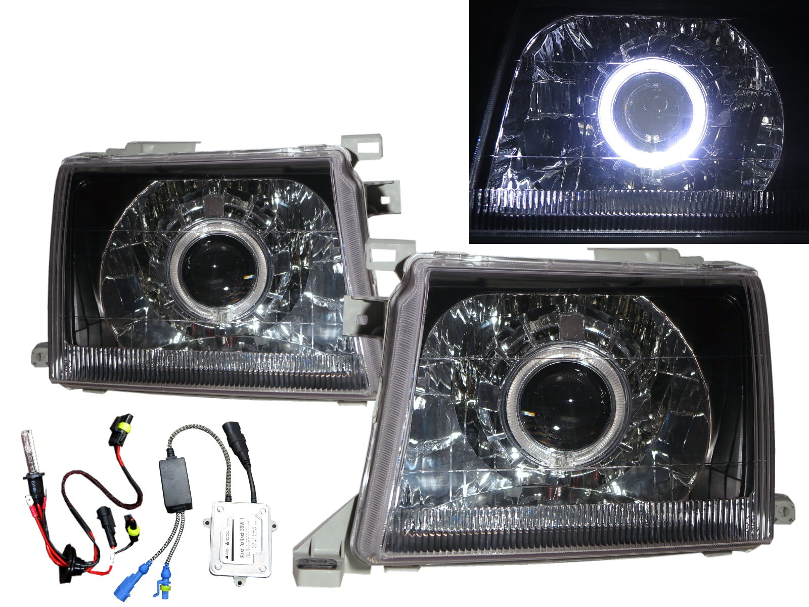 CrazyTheGod Winner D22 First generation 2000-2001 Facelift Truck 2D/4D Guide LED Angel-Eye Projector HID Headlight Headlamp Black for NISSAN RHD