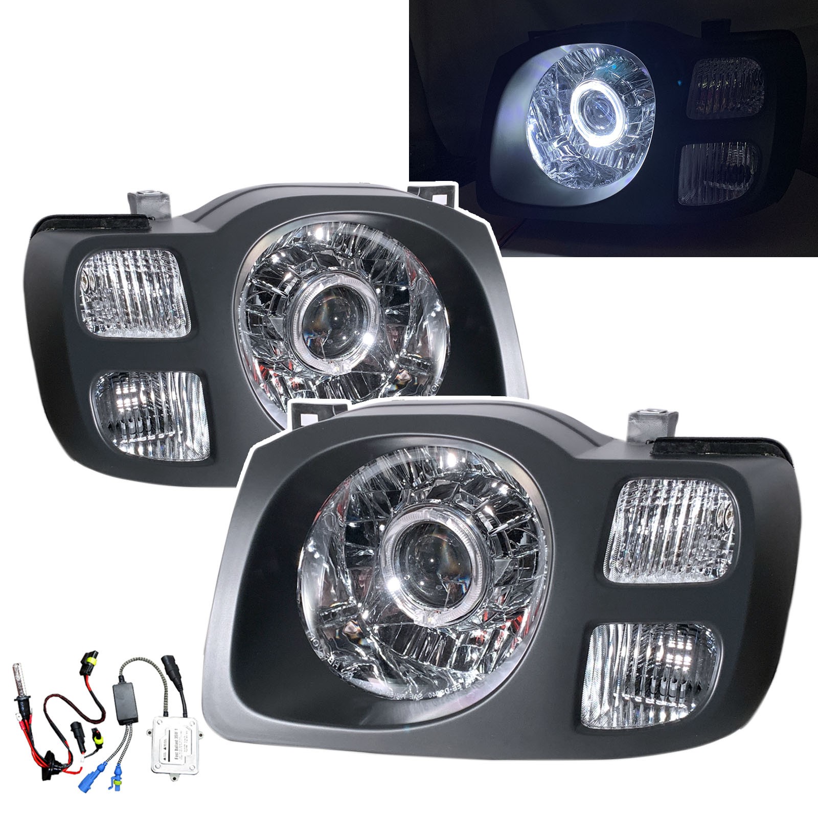 CrazyTheGod Xterra WD22 First generation 2002-2004 FACELIFT SUV 5D Guide LED Angel-Eye Projector HID Headlight Headlamp Black for NISSAN RHD