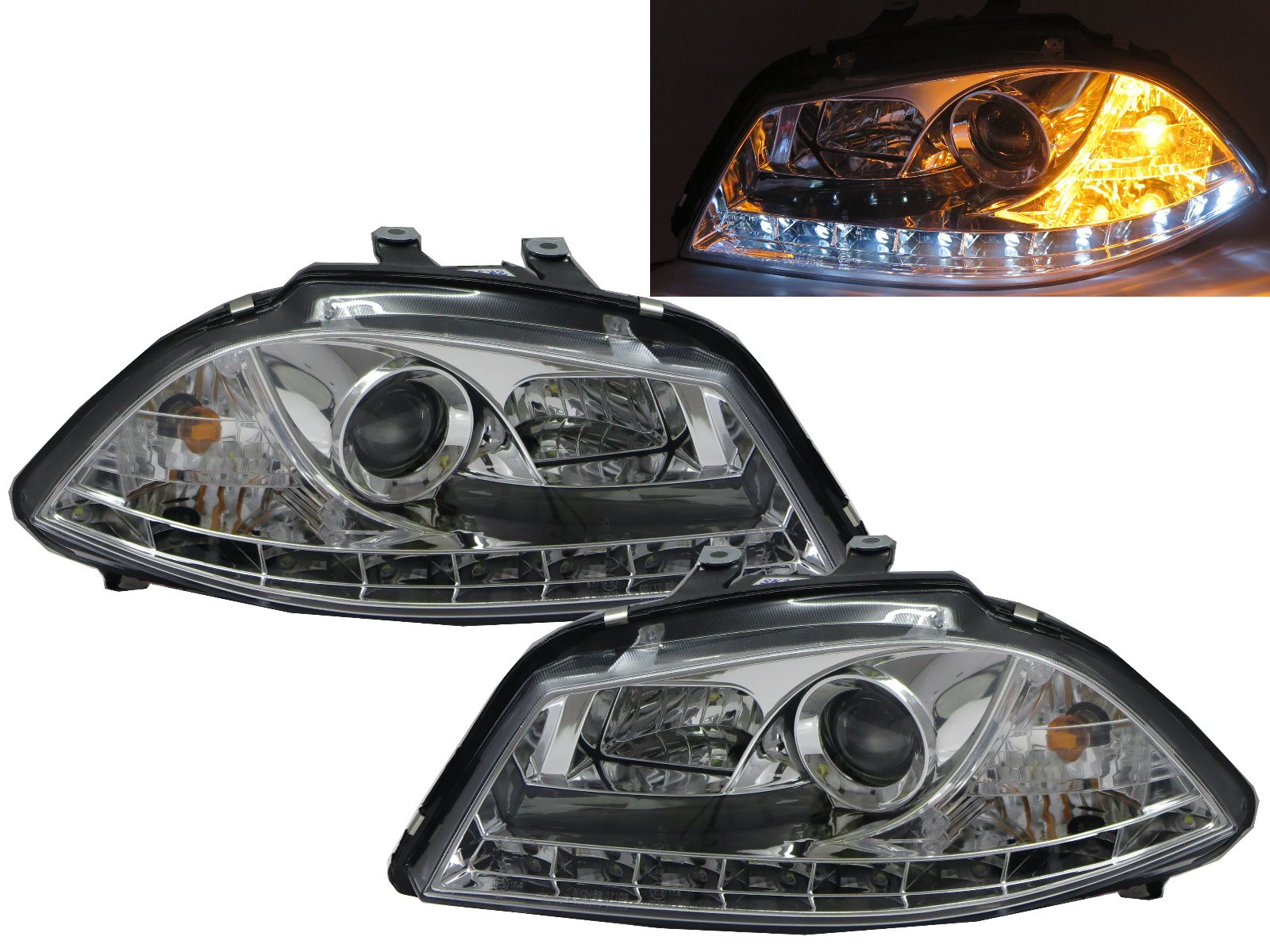 CrazyTheGod IBIZA 2002-2006 6L3 Projector Headlight LED DRL R8Look CHROME for SEAT LHD