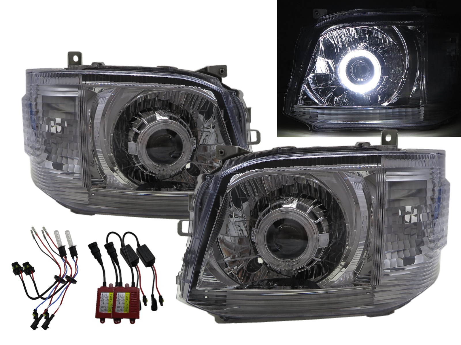 CrazyTheGod HIACE H200 Fifth generation 2004-2010 Minibus/VAN 3D/4D/5D Guide LED Angel-Eye Projector Headlight Headlamp Chrome for TOYOTA LHD