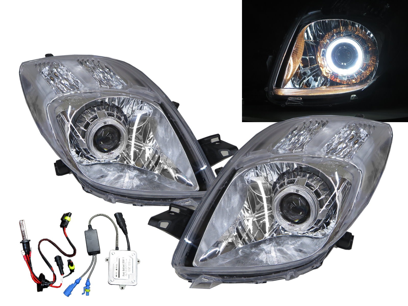 CrazyTheGod Yaris XP90 Second generation 2005-2008 Pre-Facelift Hatchback 3D/5D Guide LED Angel-Eye Projector Headlight Headlamp Chrome for TOYOTA LHD