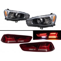 CrazyTheGod LANCER EVOLUTION EVO X 10 2008-2016 Sedan 4D Clear Headlight Headlamp Black + A6Look LED Tail Rear Light Red/Clear V1 for Mitsubishi LHD