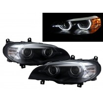 CrazyTheGod X5 E70 Second generation 2007-2010 Pre-Facelift SUV LED DRL U-Bar Projector HID Headlight Headlamp W/ Motor Black for BMW LHD