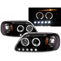 CrazyTheGod F-Series SuperDuty F250 LightDuty 1998-1999 Pickup 2D Angel-Eye Projector Headlight Headlamp Black for FORD LHD