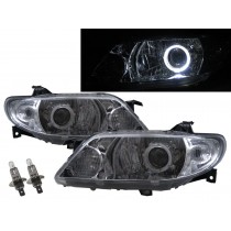 CrazyTheGod Isamu Genki BJ Eighth generation 2001-2003 Facelift Sedan/Hatchback/Wagon 4D/5D Guide LED Angel-Eye Projector Halogen Headlight Headlamp Chrome for MAZDA LHD