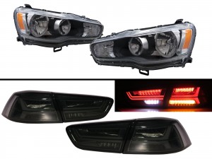 CrazyTheGod LANCER Lancer CY2A 2008-2016 Sedan/Hatchback 4D/5D Clear Headlight Headlamp Black + A6Look LED Tail Rear Light Smoke V2 for Mitsubishi LHD