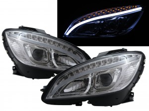 CrazyTheGod C-CLASS W204 2008-2011 PRE-FACELIFT Sedan 4D LED Bar Projector Halogen Headlight Headlamp Chrome for Mercedes-Benz LHD