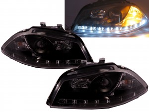 CrazyTheGod IBIZA 2002-2006 6L Projector Headlight LED DRL R8Look BLACK for SEAT LHD